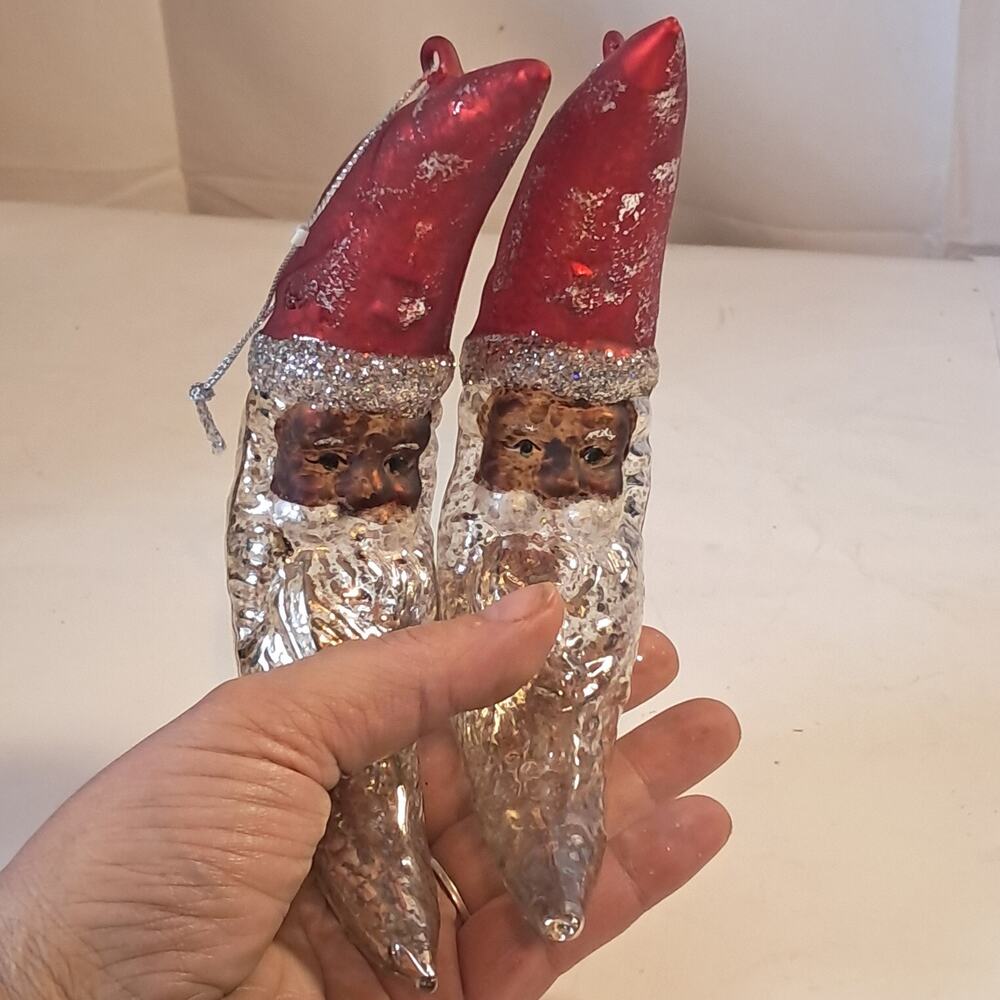 Set Of 2 Pottery Barn Hand Blown Mercury Glass Crescent Moon Santa Ornaments